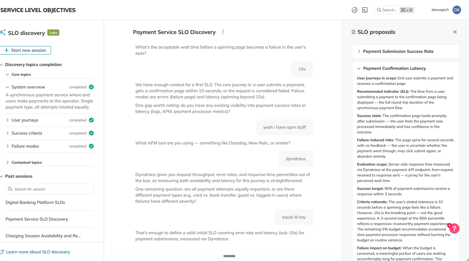 Nobl9 SLO discovery: an AI session generating SLO proposals for a payment service