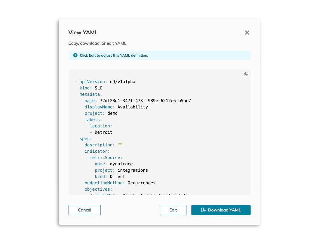 Nobl9 View YAML modal showing SLO definition in n9/v1alpha format