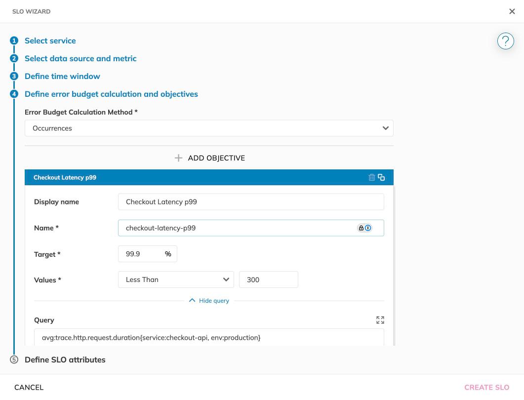 Nobl9 SLO Wizard — Define error budget and objectives step