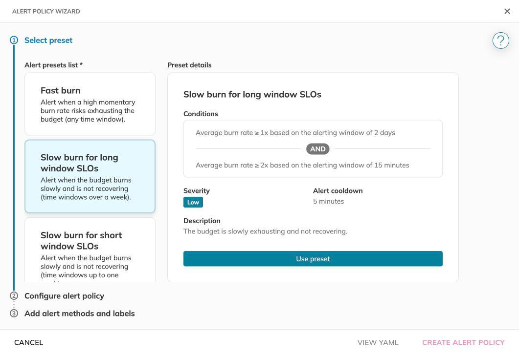 Alert policy wizard — Fast Burn and Slow Burn presets