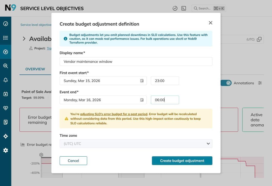 Create budget adjustment — vendor maintenance window
